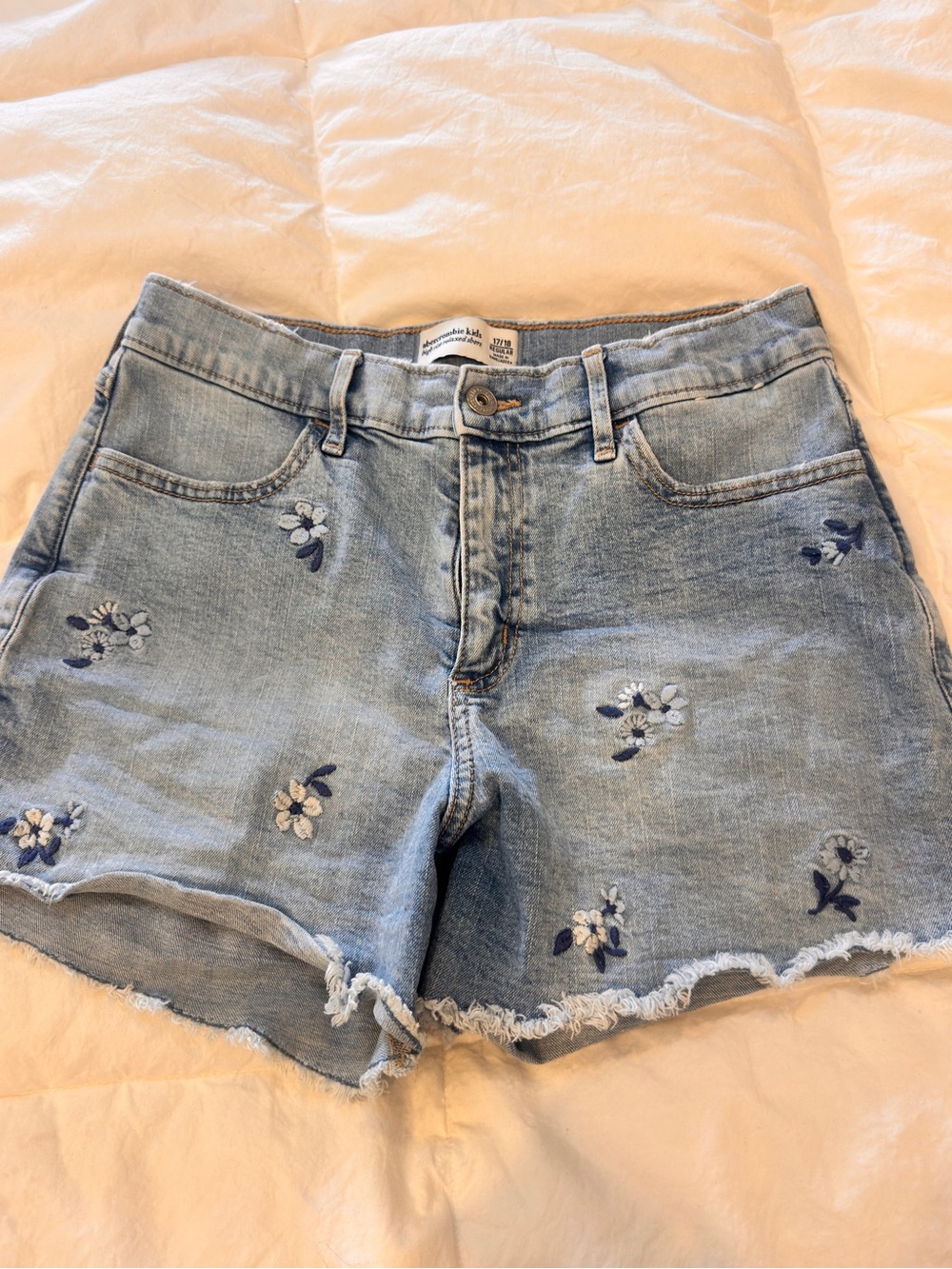 abercrombie kids Light Wash Floral Embroidered Denim Shorts